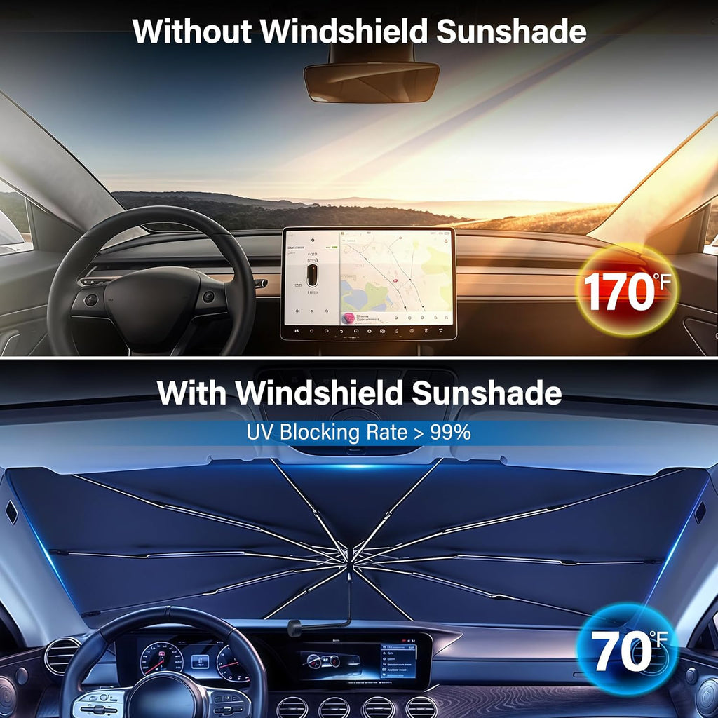 Windshield Sun Shade Umbrella, Blocks UV Rays & Heat, 57"X31.5", Silver | Foldable Car Window Shades for Mini SUV Sedans Hatchbacks, Blocks UV Rays, Keep Car Cool & Protect Interior, Spring Edge