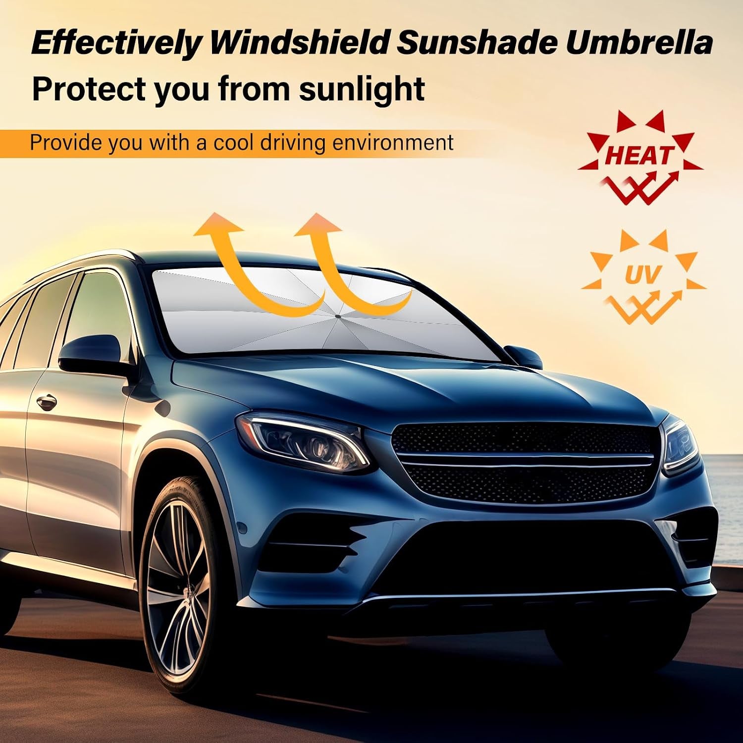 Windshield Sun Shade Umbrella, Blocks UV Rays & Heat, 57"X31.5", Silver | Foldable Car Window Shades for Mini SUV Sedans Hatchbacks, Blocks UV Rays, Keep Car Cool & Protect Interior, Spring Edge